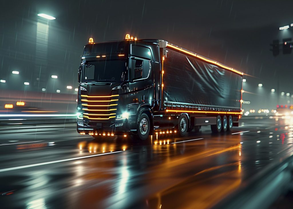 Caminhão na estrada à noite, com equipamentos de luz acessos, representando digitalização no transporte rodoviário.