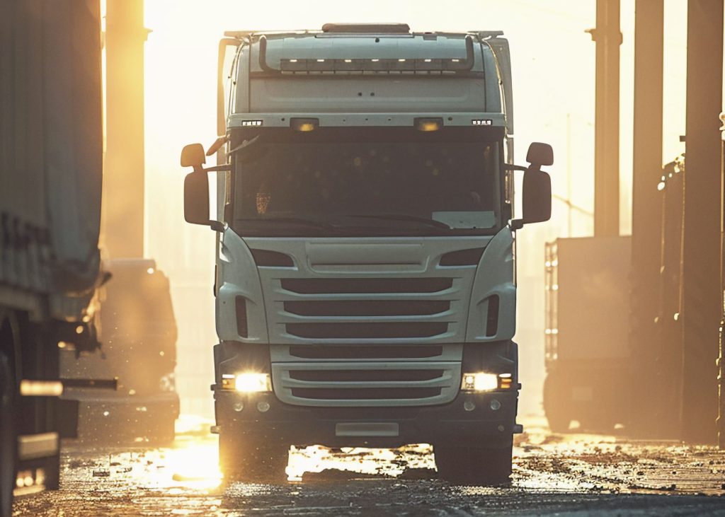 Frente de um caminhão branco na estrada, realizando o transporte seguro de cargas